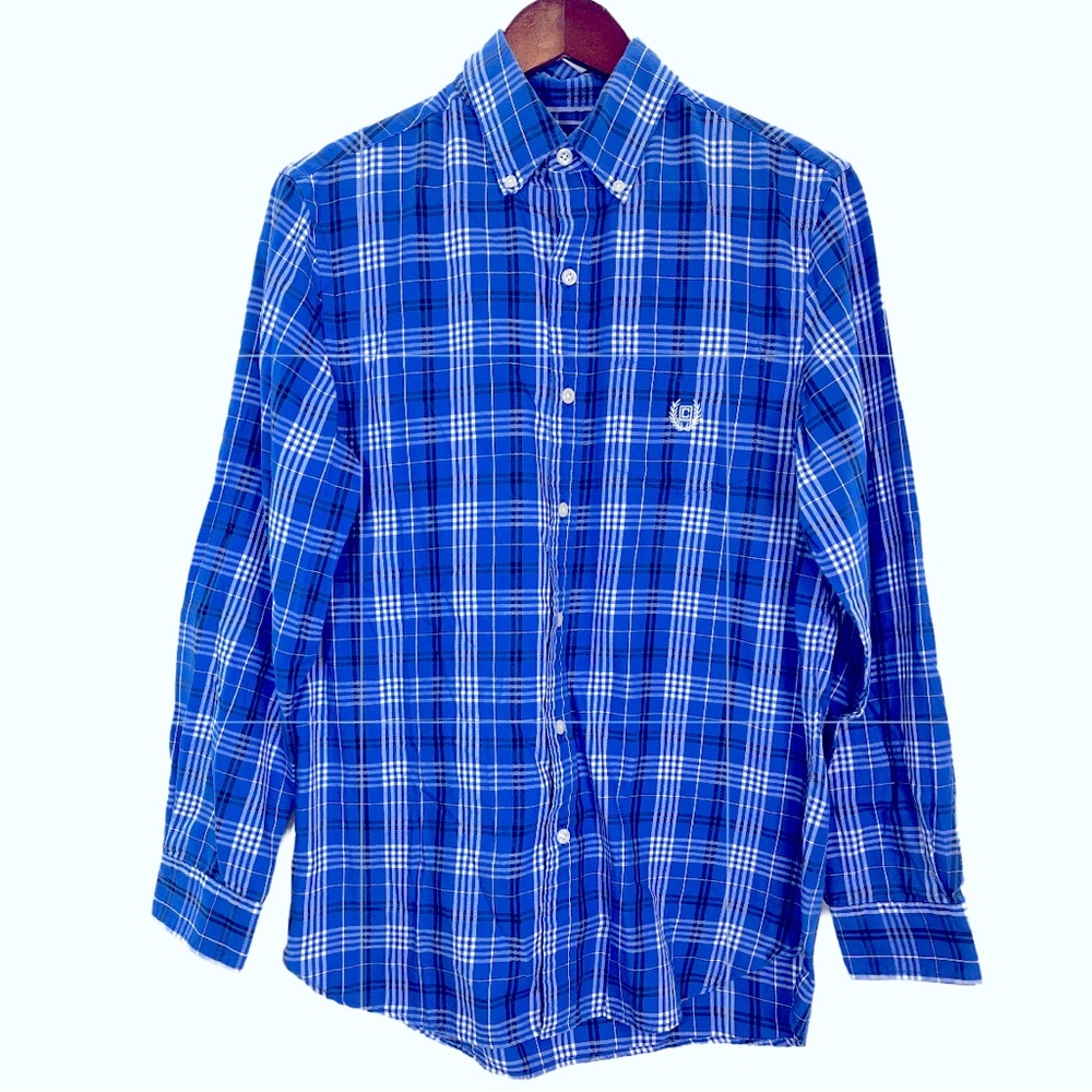 Chaps Easy Care Twill Preppy Button Down Shirt Royal Blue Plaid Size Small